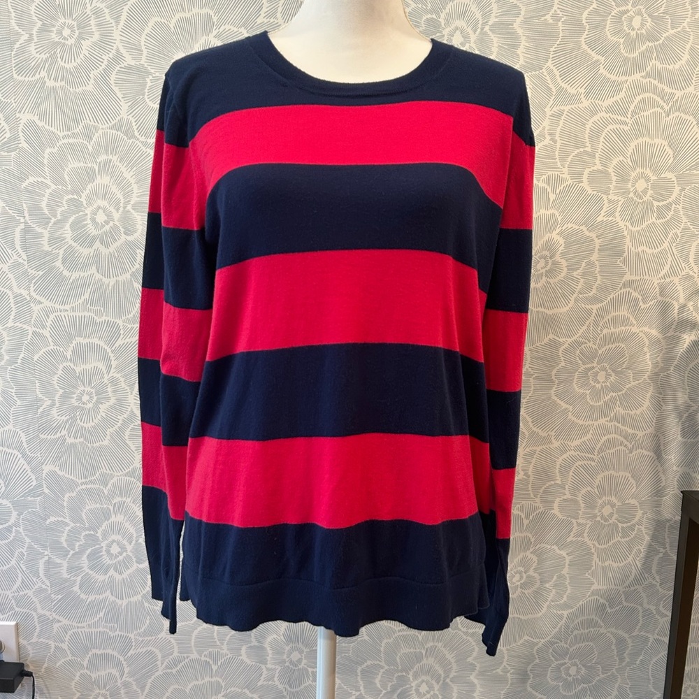 JCrew Factory Cotton Striped Teddie Sweater in Navy and Hit Oink - Sz XL